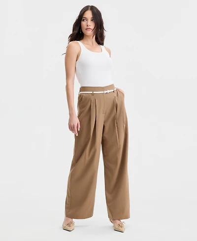 Bar Iii Women's Belted Pleated Wide-Leg Trousers, Macy's Exclusive