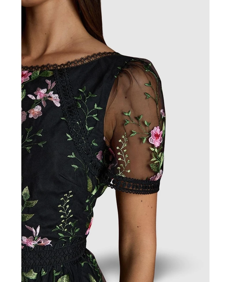 Coast Women's Lace Trim Embroidered Mesh Midi Dress