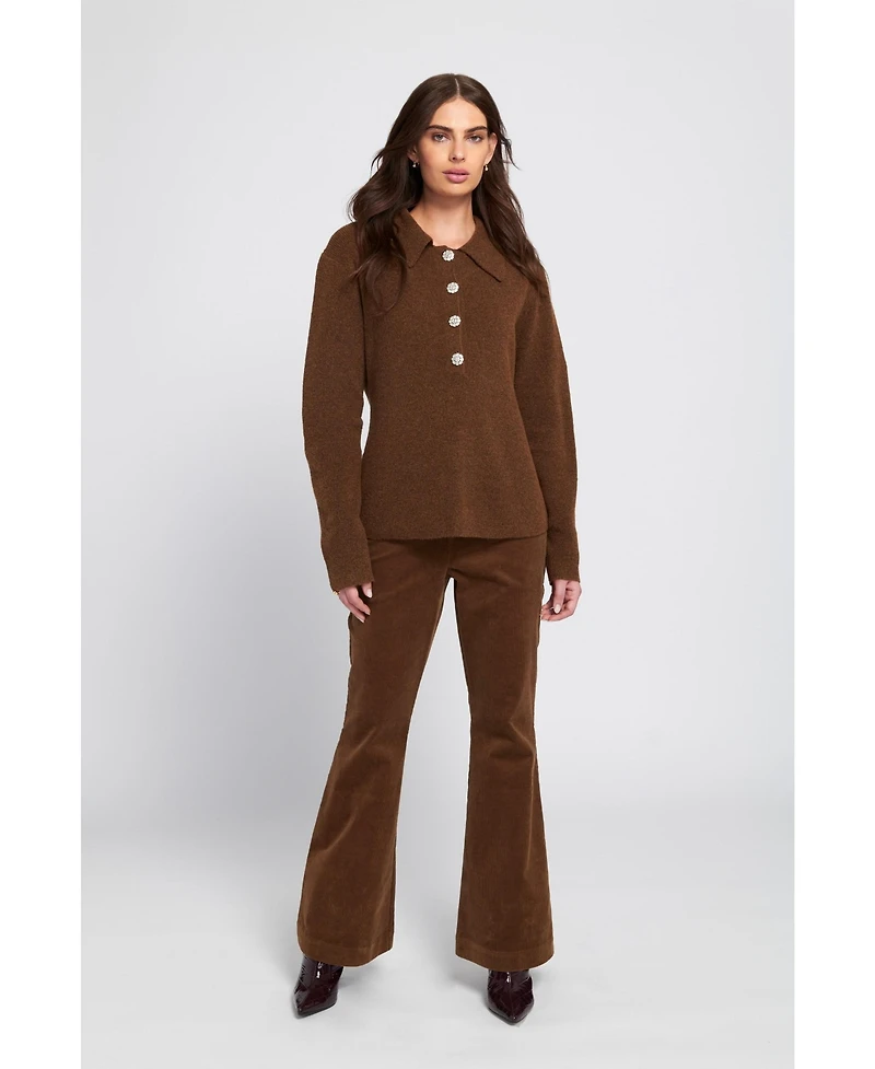 Elle Collection Women's Fuzzy Knit Jumper Henley Sweater