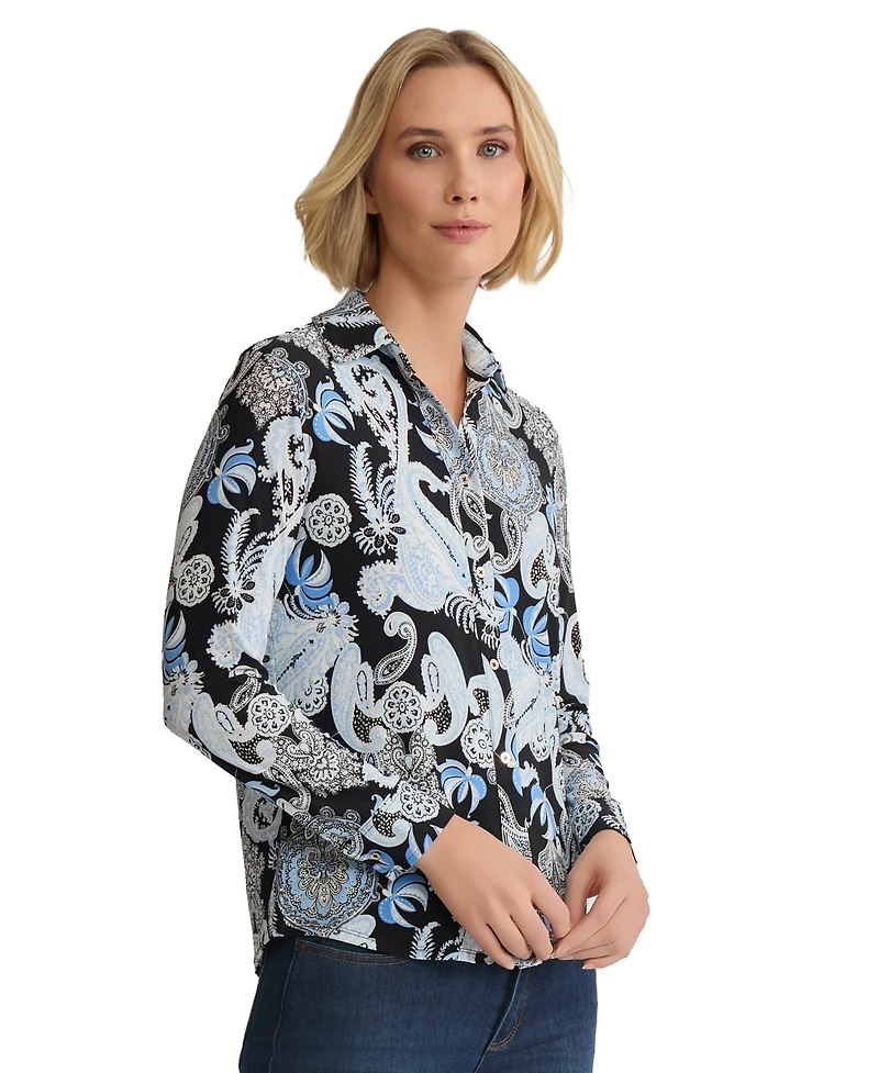 Jones New York Petite Long-Sleeve Button Front Printed Top