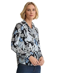 Jones New York Petite Long-Sleeve Button Front Printed Top