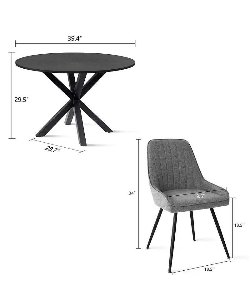 Maison Boucle 5-Piece Round Dining Table Set for 4, Black Mdf Top with Upholstered Fabric Chairs, Kitchen Small Spaces