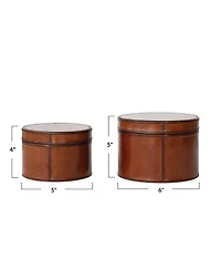 Storied Home 2-Piece Wood and Leather Round Boxes, Cognac Color