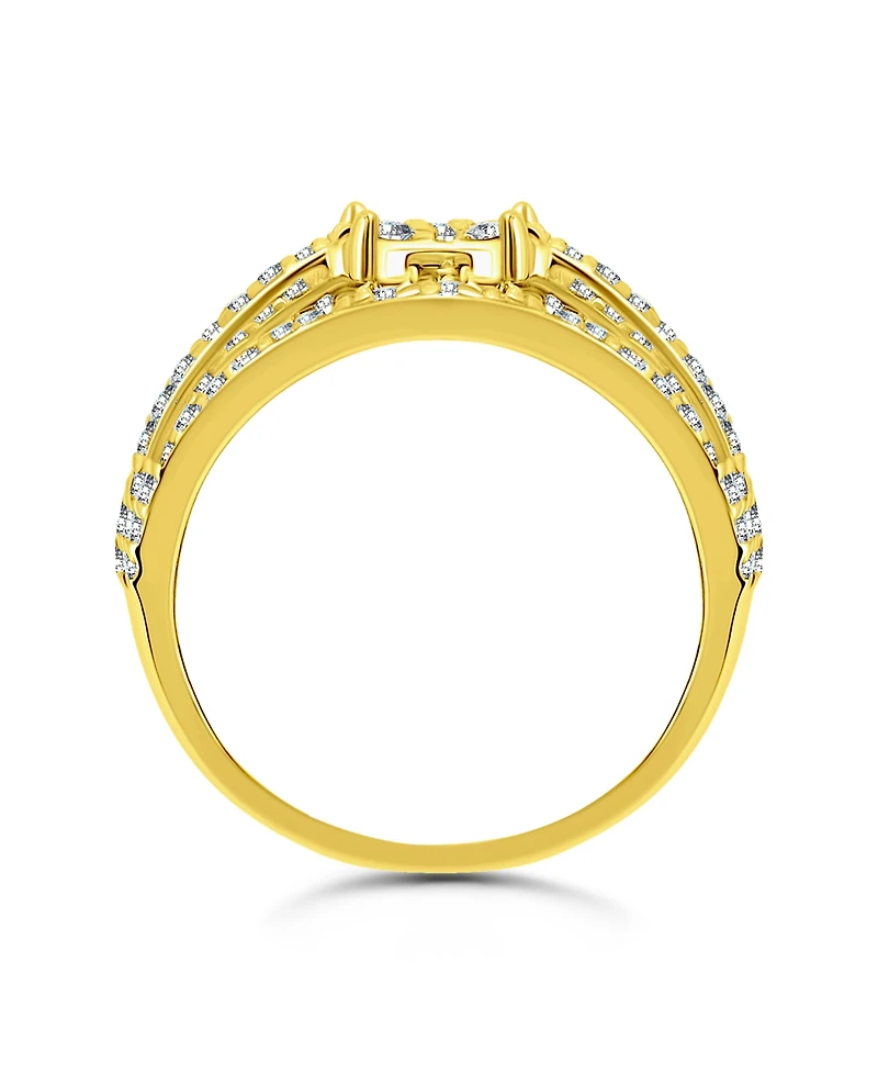 Cubic Zirconia Pave Multi Row Ring with Disc Center Silver Plate