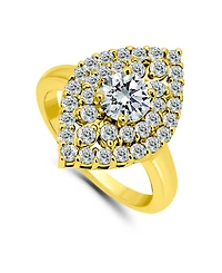 Cubic Zirconia 2 Row Kite Halo with Round Prong Center Stone Ring Silver Plate