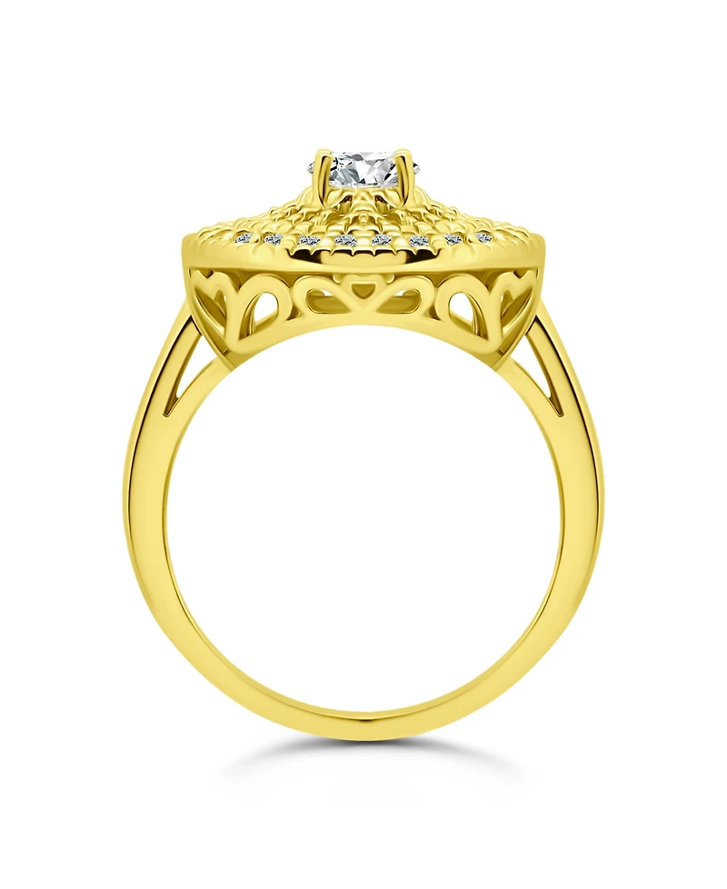 Cubic Zirconia Medallion Ring with Round Prong Center Stone Silver Plate