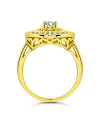 Cubic Zirconia Medallion Ring with Round Prong Center Stone Silver Plate