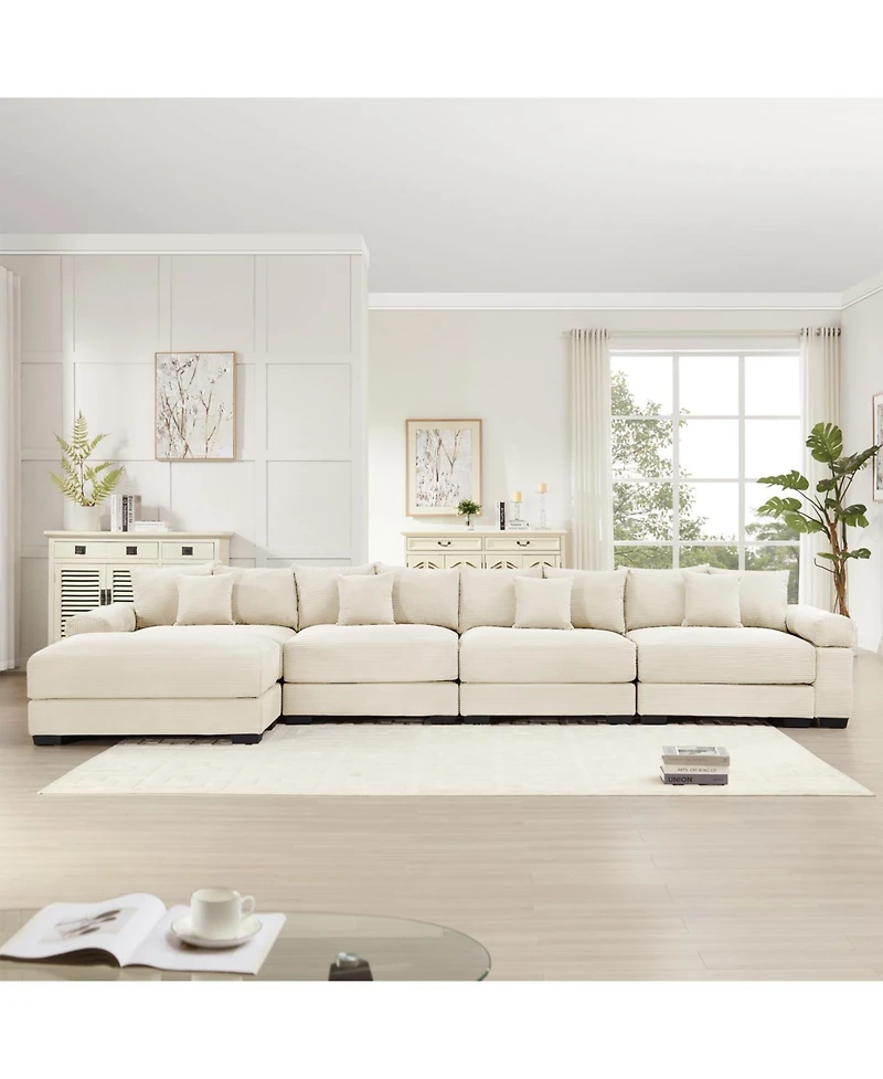 Streamdale Furniture 170" Oversized Cloud Modular L-Shape Sectional Couch, Cream Corduroy, Ottoman, 12 Pillows