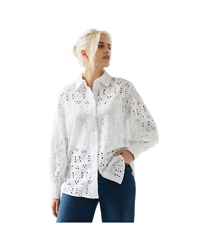ellos Plus Eyelet Button Front Shirt With Blouson Sleeves
