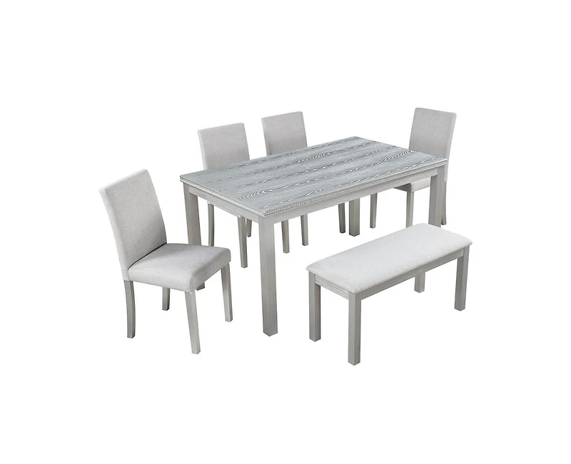 Casainc 6-Piece Silver Grey Crystal Accent Wood Dining Set with Rectangular Table 4 Upholstered Chairs and Bench