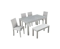 Casainc 6-Piece Silver Grey Crystal Accent Wood Dining Set with Rectangular Table 4 Upholstered Chairs and Bench