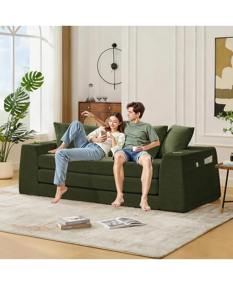 Streamdale Furniture Corduroy Convertible Sofa Bed Loveseat Sleeper with 5 Pillows, Green