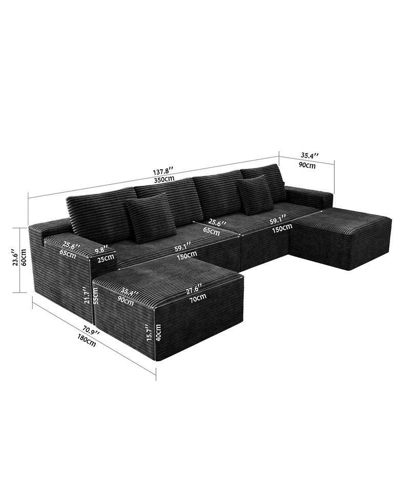 Streamdale Furniture Streamdale Grey 4PC Modular Corduroy Sectional Sofa - No Assembly Required