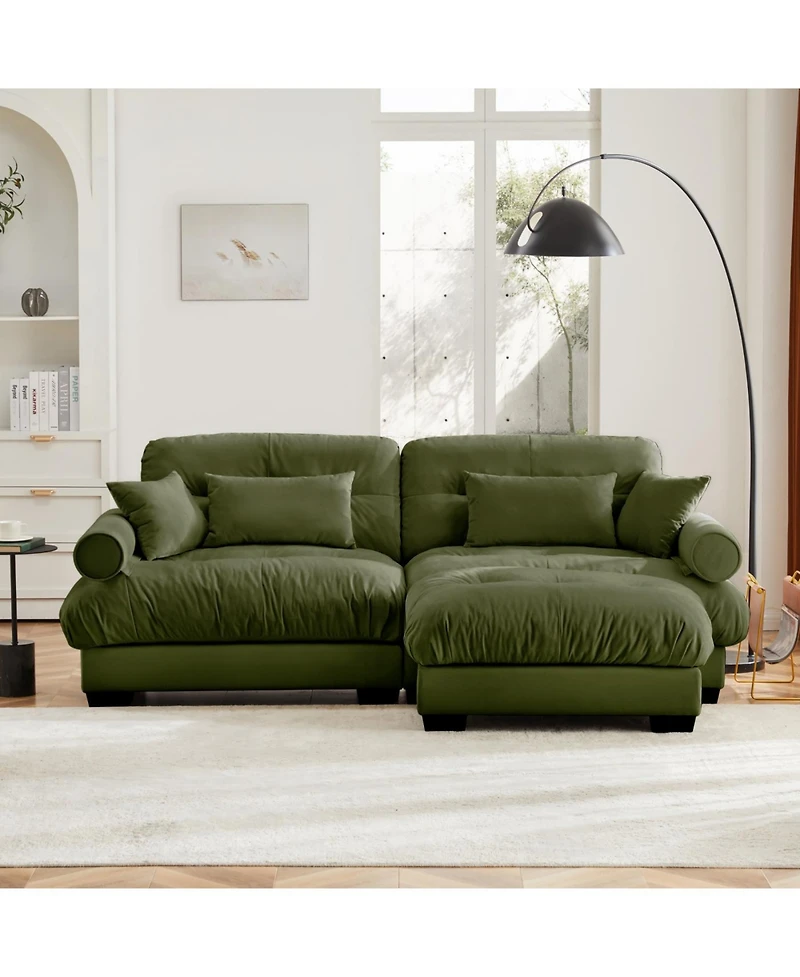 Streamdale Furniture Olive Green Velvet Two-Seater Sofa with Ottoman and Pillows