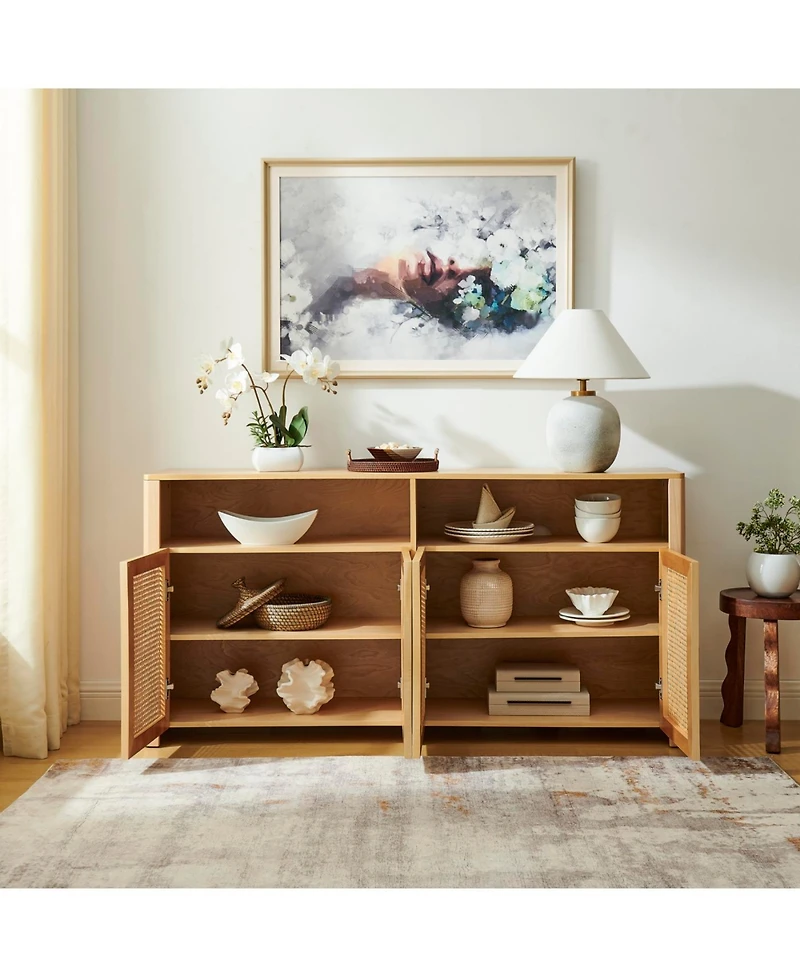 Streamdale 63" Mid Century Modern Rattan Sideboard Buffet Cabinet with Storage, Retro Coffee Bar