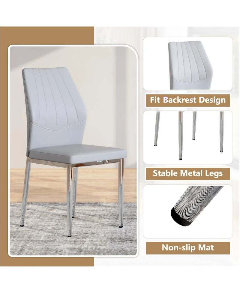 Streamdale Set of 4 Light Gray & Silver Dining Chairs, 37" High, Ergonomic Pu Backrest