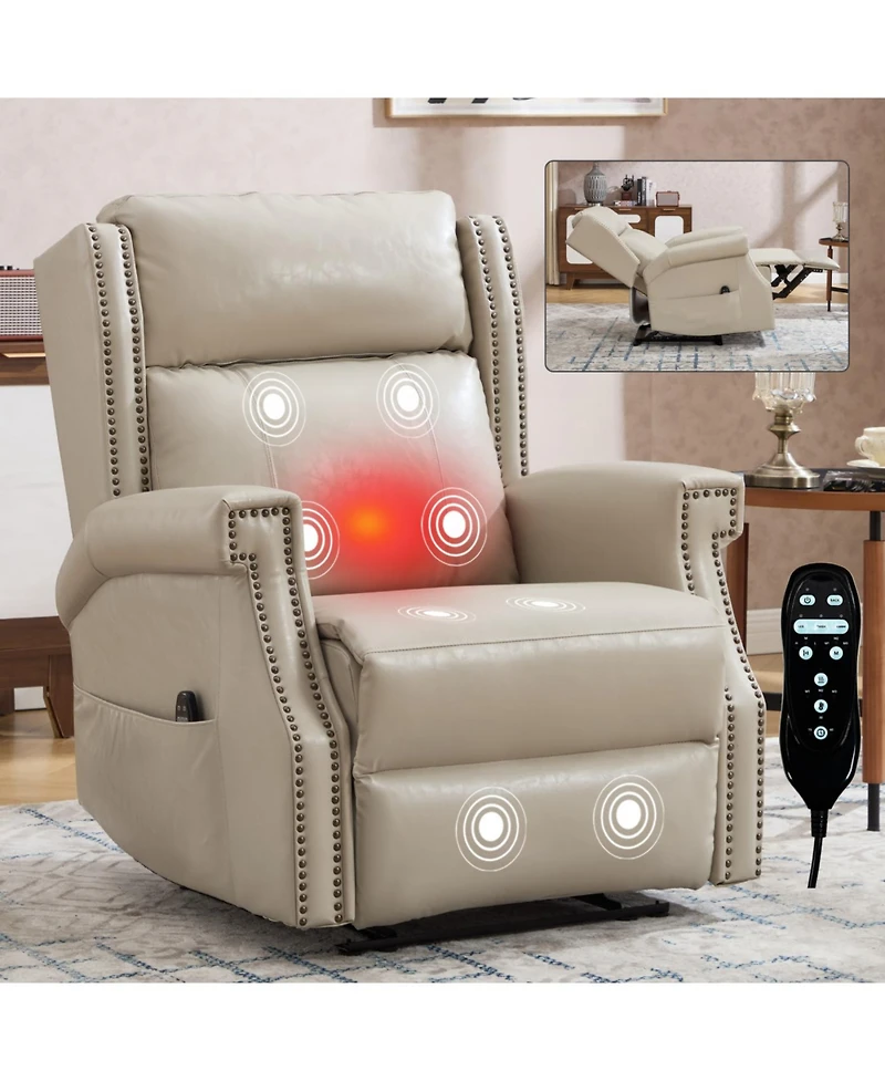 Streamdale Furniture Beige Faux Leather Manual Recliner Chair with 8 vibrating nodes & 3 massage modes.