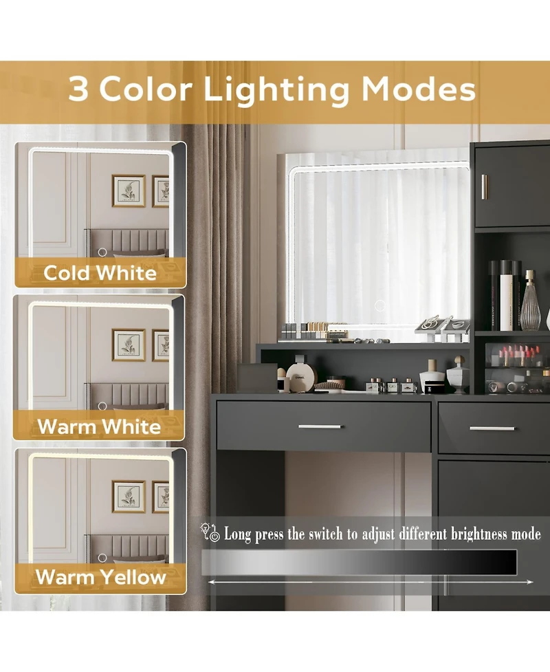 Streamdale Furniture Streamdale Vanity Desk with Mirror, Led Light Strip, Large Drawer & Storage (Black