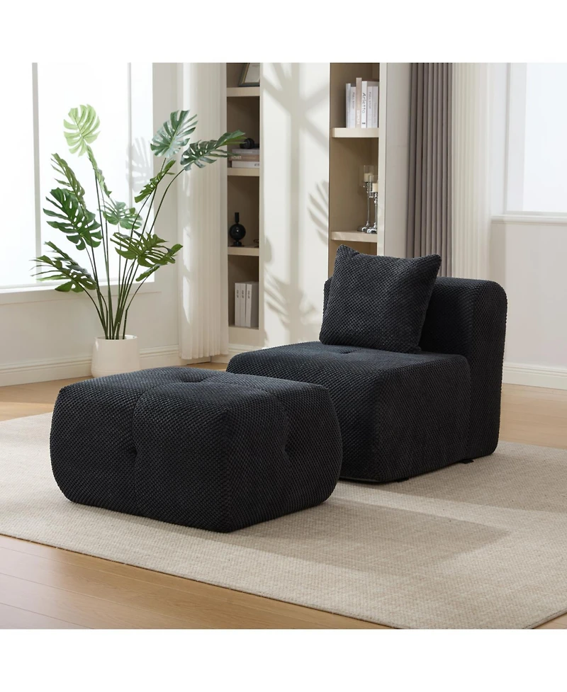 Streamdale Modular Cloud Armless Chair with Ottoman Set, Modern Deep Seat Single Sofa Lounger with Footstool, Charcoal