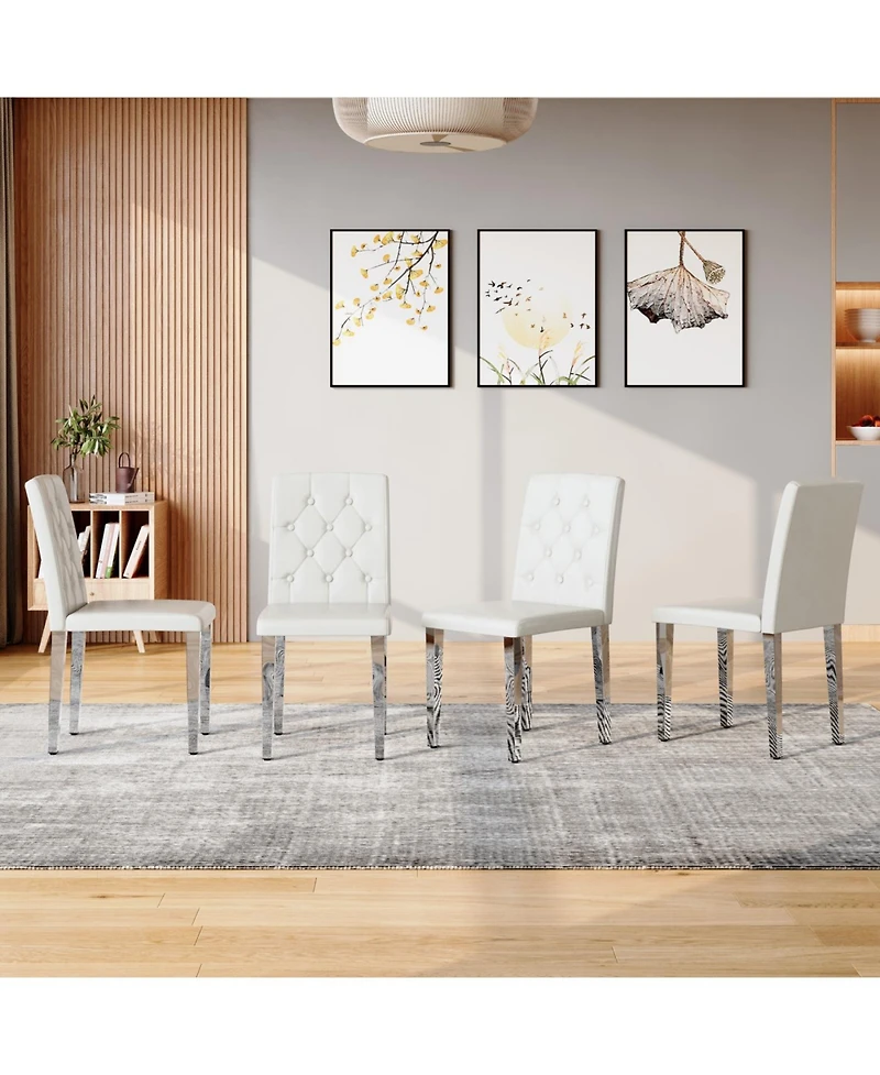 Streamdale Furniture 4-pack white Pu dining chairs with buckle backrest & silver legs
