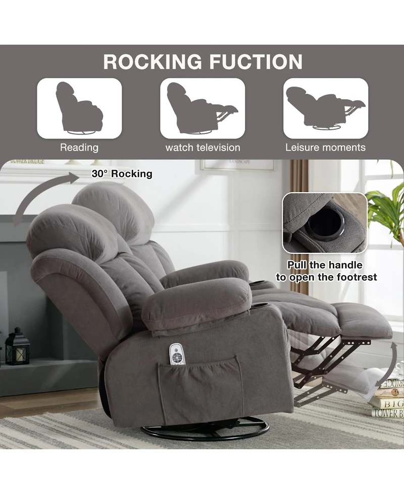 Streamdale Furniture Heated Grey Swinging Recliner Massage Sofa with Usb & Cup Holders