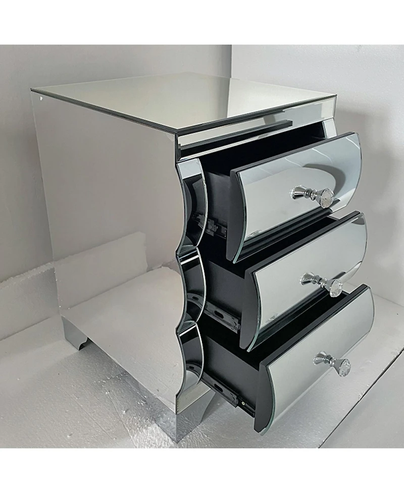Streamdale Furniture Streamdale Curved Mirror 3-Drawer Nightstand/Bedside Table - Silver