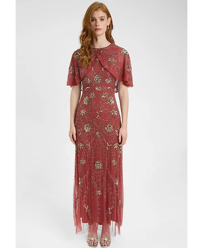 Beauut Women's Embellished Sequin Beaded Maxi Dress With Boat Neckline Cape-Style Short Sleeves