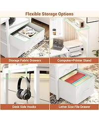 Aheaplus Gaming Desk with Outlets and Led Light, 59'' Reversible Computer File Drawers & Monitor Stand