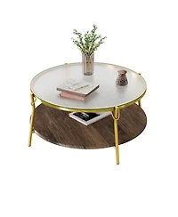 Streamdale Modern Round Walnut Coffee Table with Glass Top & Gold Base
