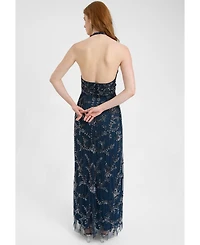 Beauut Women's Embellished Sequin Beaded Maxi Dress With Halter Neck Deep V-Cut