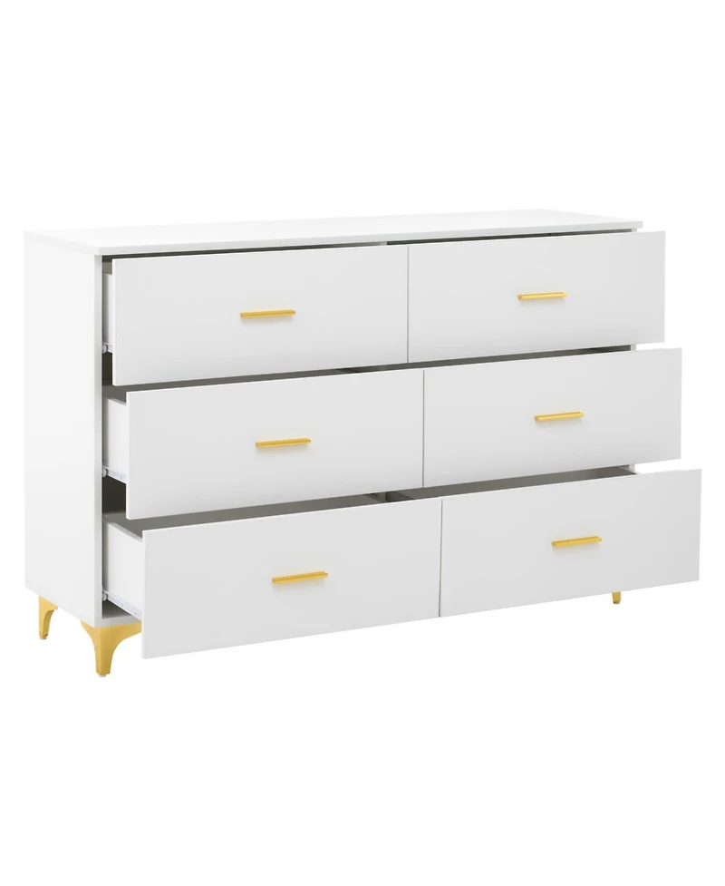 Streamdale Furniture Six drawers, golden straight aluminum handle, golden triangle legs, white locker