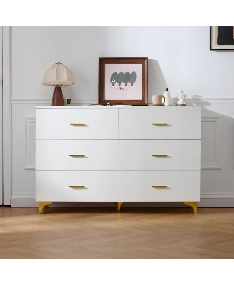 Streamdale Furniture Six drawers, golden straight aluminum handle, golden triangle legs, white locker