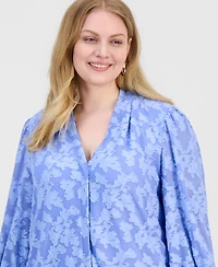 Kasper Plus Burnout Floral V-Neck Blouse