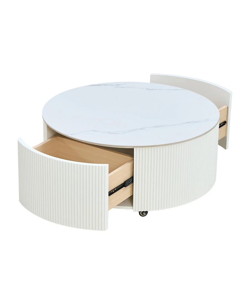 Streamdale Furniture Streamdale Modern Round Coffee Table with Casters & 2 Drawers, White Marble Top