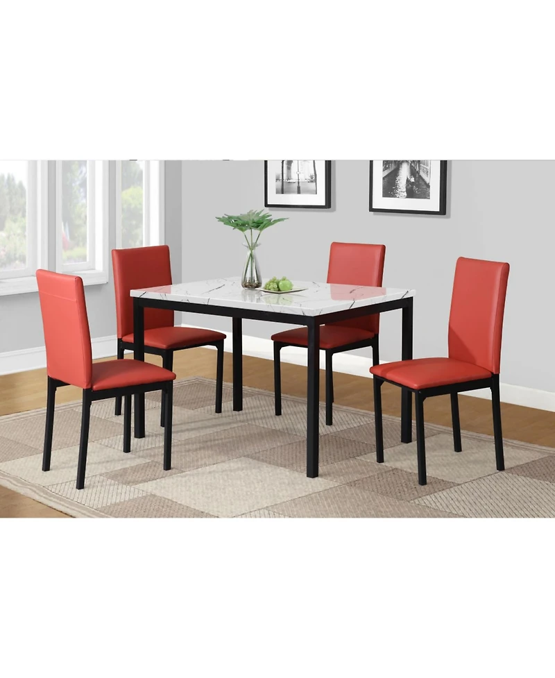 Streamdale Furniture 5-Piece Metal Dinette Set with Laminated Off-white Faux Marble Top, 4 Red Chairs