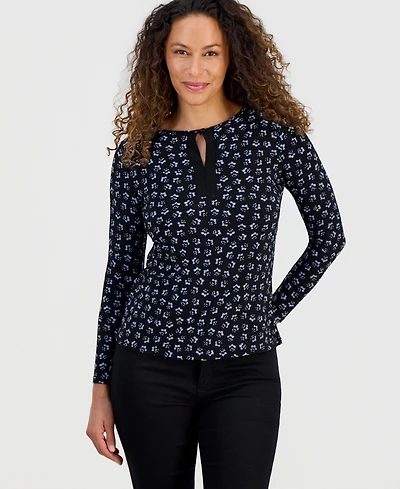 Jones New York Petite Long-Sleeve Printed Keyhole Top