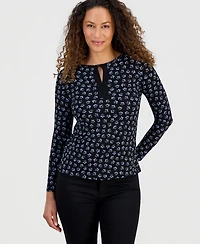 Jones New York Petite Long-Sleeve Printed Keyhole Top