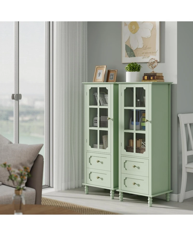 Streamdale Furniture Minimalist Mint Green Buffet Cabinet with Glass Doors & Double Drawer
