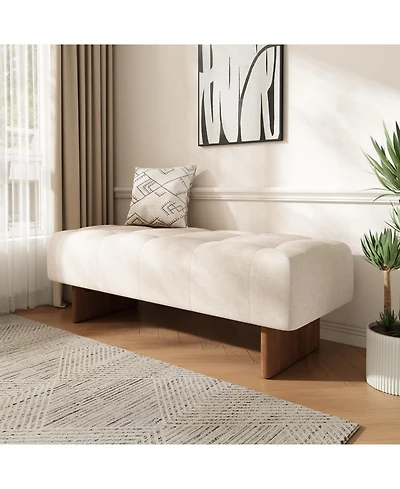 Streamdale Rectangular Tufted Linen Ottoman Bench with Solid Wood Legs, Beige