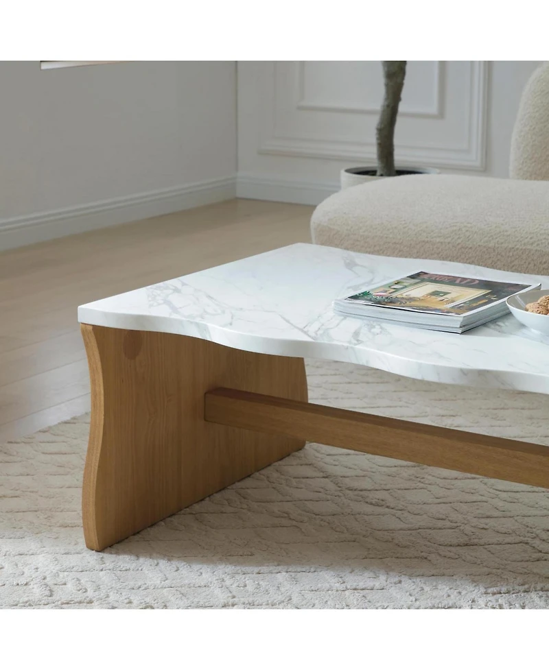 Streamdale Furniture Streamdale Whisper of Waves Modern Coffee Table, White Faux Marble & Solid Wood Base