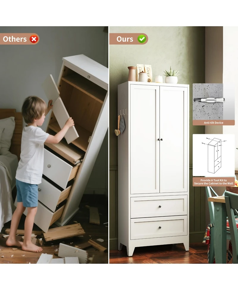 Streamdale Furniture 72 Inch White Pantry Cabinet with 2 Drawers