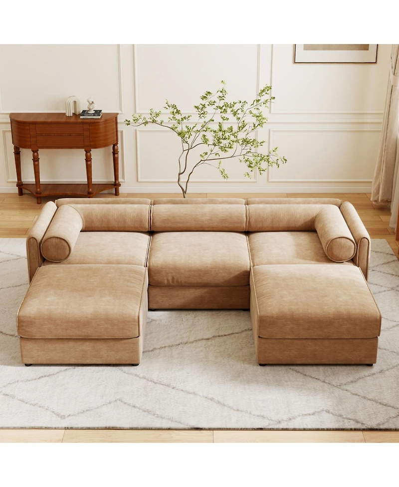 Streamdale Furniture Elegant Camel Chenille U-Shaped Sofa with Storage and Ottoman
