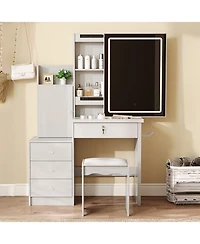 Streamdale Furniture Vanity Desk Set with Lighted Mirror, 4 Drawers, 9 Storage Spaces & Stool, White