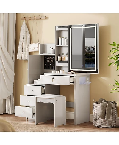 Streamdale Furniture Vanity Desk Set with Lighted Mirror, 4 Drawers, 9 Storage Spaces & Stool, White