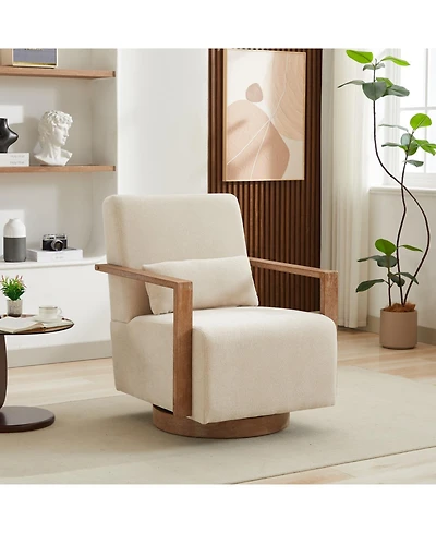 Streamdale Furniture Modern Upholstered Swivel Accent Chair with Solid Wood Armrests - Beige