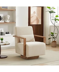 Streamdale Furniture Modern Upholstered Swivel Accent Chair with Solid Wood Armrests - Beige