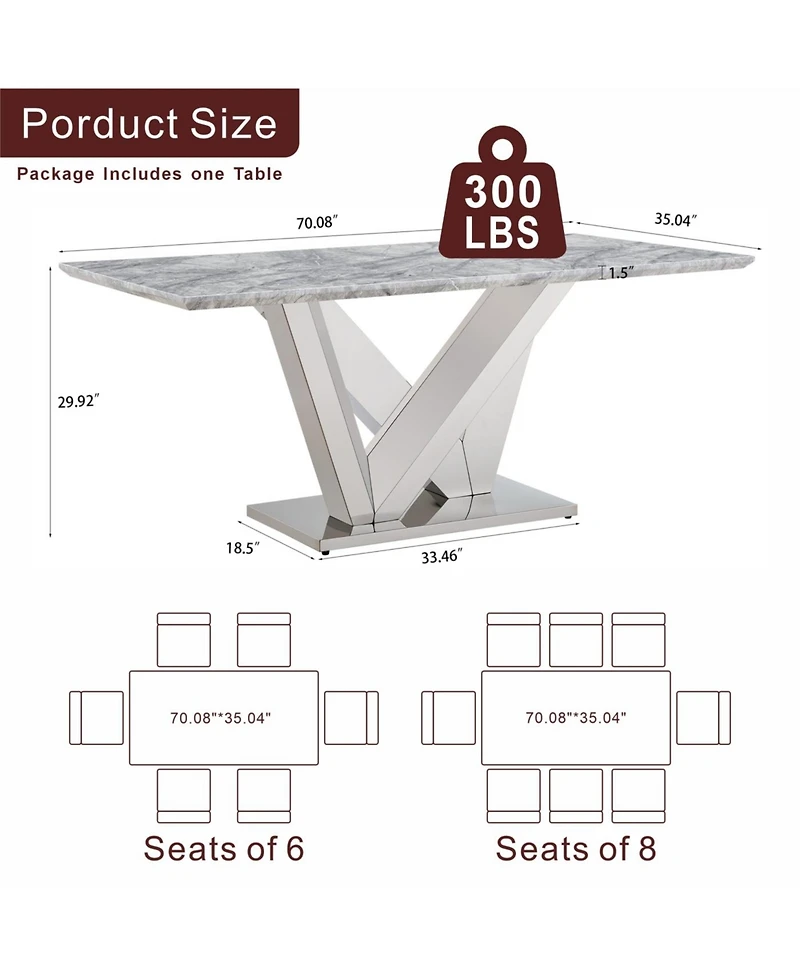 Streamdale Furniture Marble Dining Table for 6, 70" Faux Marble & Stainless Steel Base Kitchen Table
