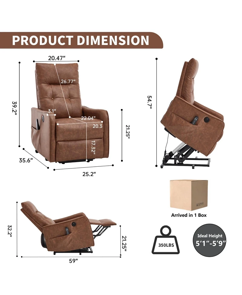 Streamdale Furniture Brown Pu Power Lift Recliner with Massage, Heat & Usb for Elderly