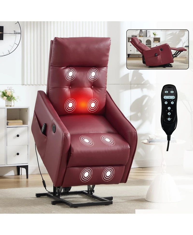 Streamdale Furniture Streamdale Wine Red Pu Power Lift Recliner Chair with Massage & Heat