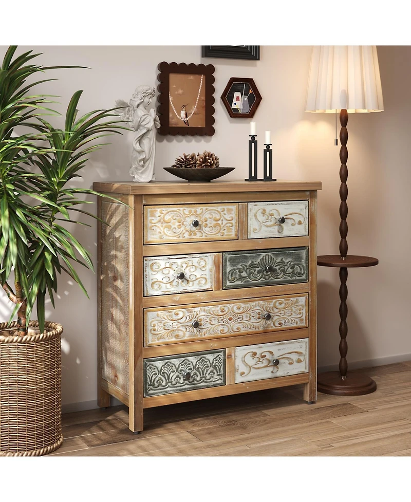 Streamdale Furniture Vintage Wooden 6-Drawer Accent Chest - Rustic Multicolor Carved Storage Dresser